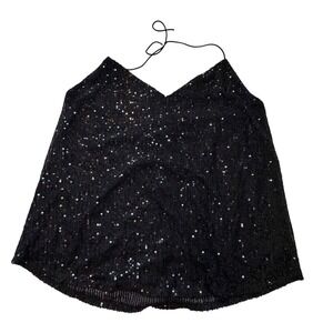 Sky Plus Womens 2X Black Sequin‎ Halter Top V-Neck Tie Neck Sparkly Party Blouse